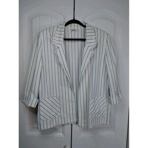 Vtg 80's Women's White Blue Yellow Stripes Bomber Blazer Cotton/Lin Grandma Pads